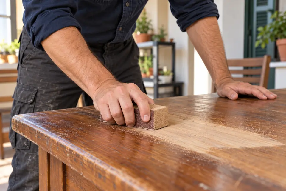 Carteggiatura del piano di un tavolo in legno