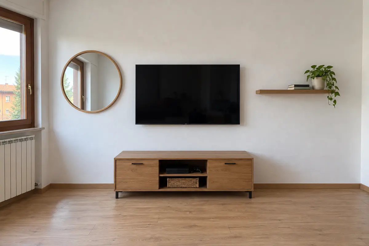 Dopo: TV a parete, specchio rotondo e mensola montati sopra il mobile TV
