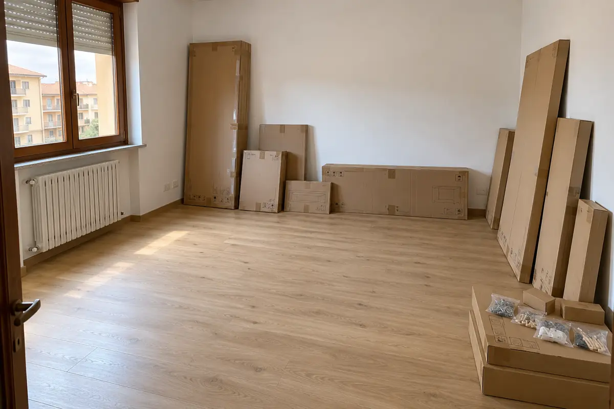 La stessa stanza prima: mobili ancora nelle scatole