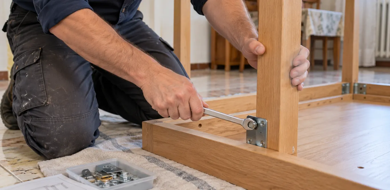 Montaggio di un tavolo in legno con chiave e ferramenta