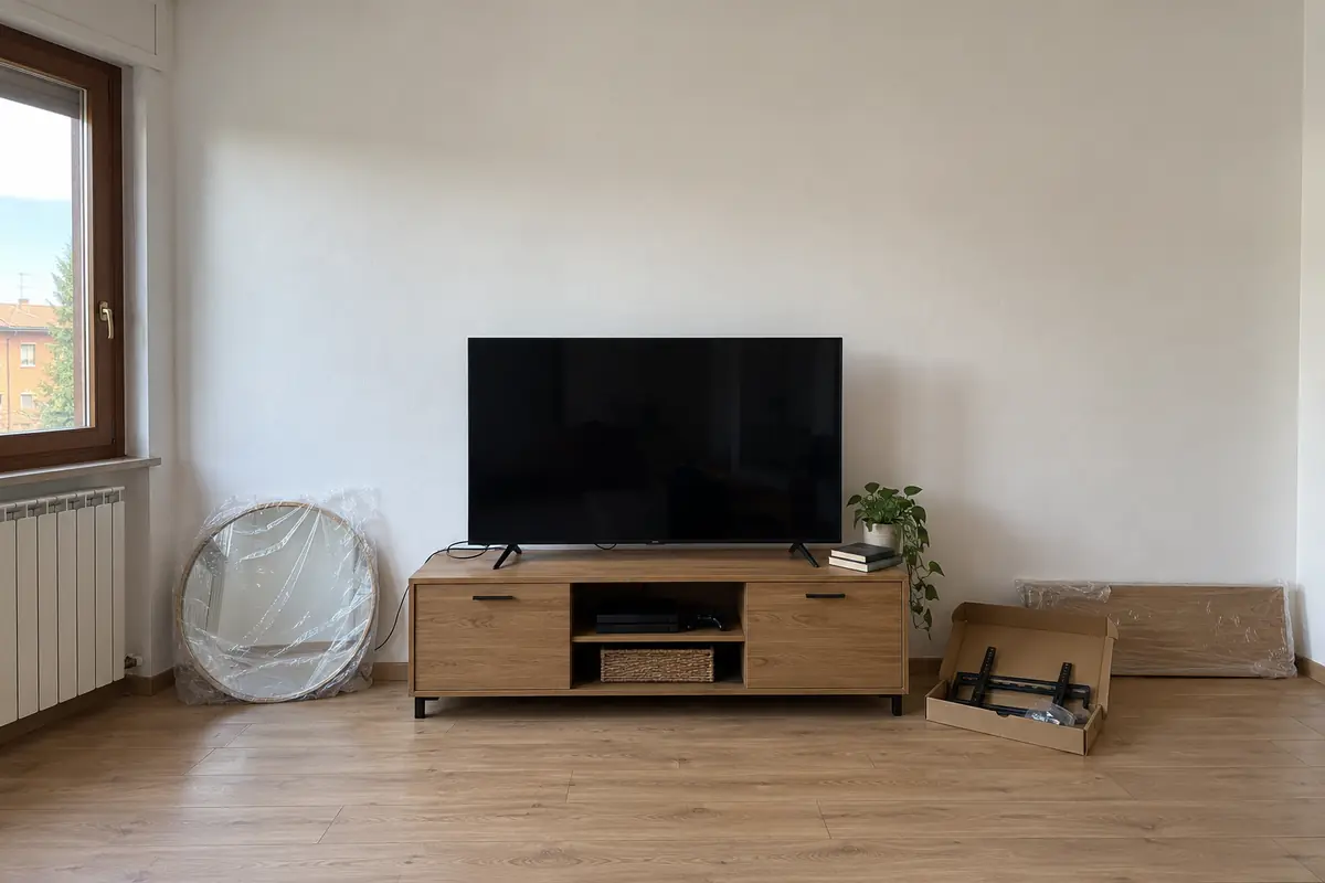 Prima: TV appoggiata sul mobile, specchio e mensola ancora imballati, supporto nella scatola
